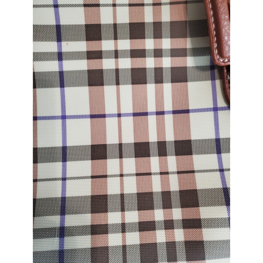 Liz Claiborne Plaid Shoulder Bag Brown Tan Purple Buckle Strap Handbag - Picture 2 of 13